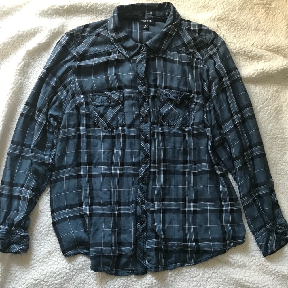 Torrid Flannel Shirt Womens Plus Size 1 Blue Plaid Button Up Long Sleeve Pockets